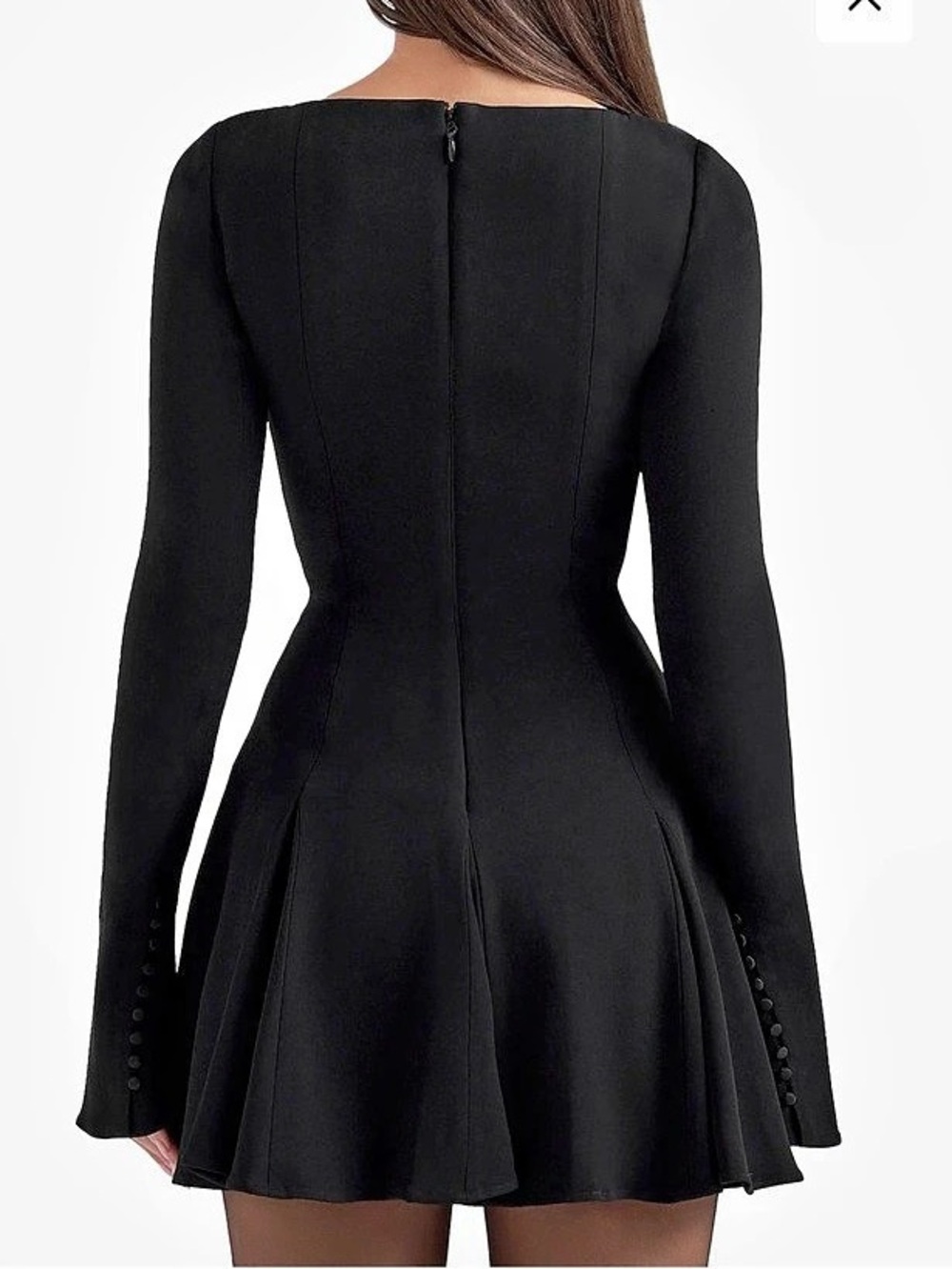 House of CB Francesca Black Stretch Crepe Godet Long Sleeve Mini Dress - Picture 3 of 8